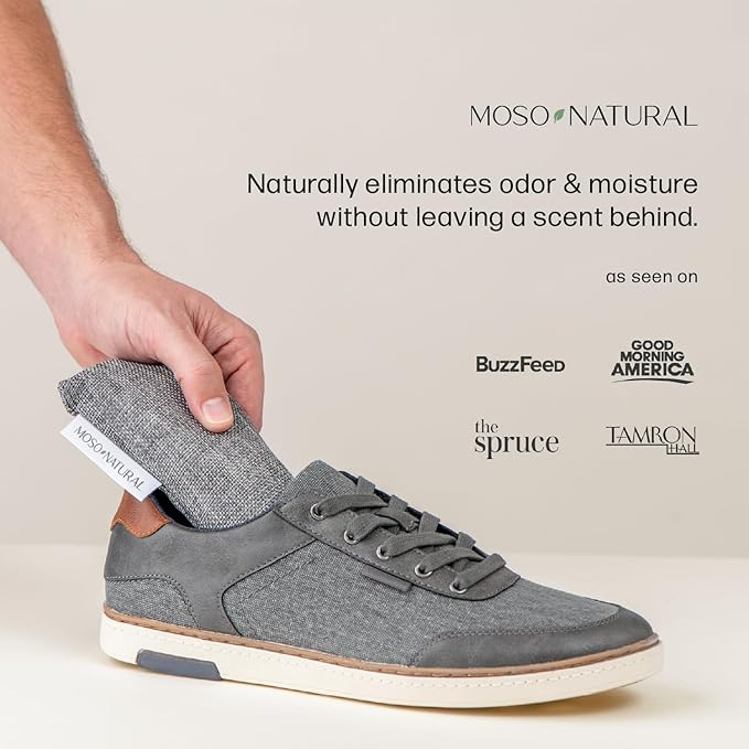 Moso Natural Shoe Deodorizer Inserts, HGTV Editor's Pick, Reusable Charcoal Odor Absorber for Shoes, Gym Bags, Sports Gear. Shoe Odor Elimination Air Purifying Bags (Beige) Two Per Pack