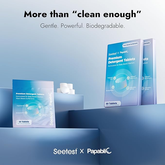 Papablic & Seetest Upgraded 60Pcs Detergent Soap Tablets, One-Tablet Deep Cleaning, UltiPept Enzyme Formula, Compatible with All Brands of Baby Bottle Washer, Gentle for Bottles & Pump Parts