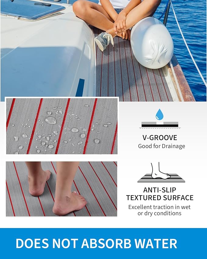 OCEANBROAD EVA Foam Boat Flooring with 3M Adhesive Backing Marine Self-Adhesive Decking 96''x45.6''/36''/28.8''/16.8'', 48''x16.8'' Faux Teak Sheet for Jon Boats Swim Platform Helm Pad RV Floor