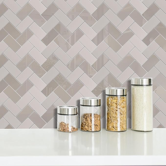 Peel and Stick Backsplash for Kitchen,New Upgrade Herringbone Premium Kitchen Backsplash,Stick on Subway Tile Peel and Stick Backsplash (Glossy and Matte Beige)