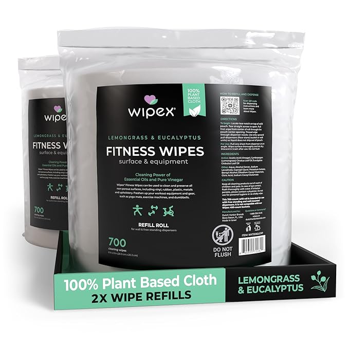 Wipex Plant Based Gym Wipes Dispenser Refill - EWG Verified - 1400 Count 8"x8" Fitness Equipment Wipes with Cleaning Vinegar, Lemongrass & Eucalyptus, Quality Gym Wipes for Equipment & Surfaces