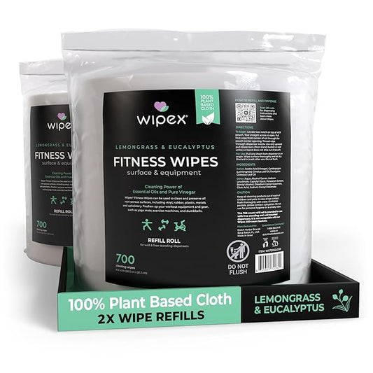 Wipex Plant Based Gym Wipes Dispenser Refill - EWG Verified - 1400 Count 8"x8" Fitness Equipment Wipes with Cleaning Vinegar, Lemongrass & Eucalyptus, Quality Gym Wipes for Equipment & Surfaces