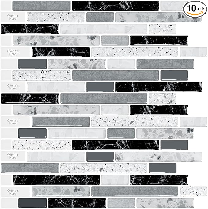 LONGKING 10-Sheet Self-Adhesive Peel and Stick Backsplash for Kitchen, Vinyl Decorative Tiles (Gray)