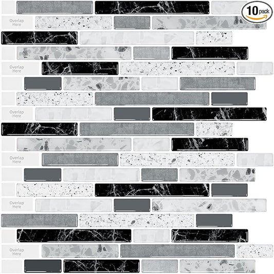 LONGKING 10-Sheet Self-Adhesive Peel and Stick Backsplash for Kitchen, Vinyl Decorative Tiles (Gray)