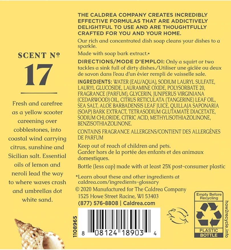 Caldrea Dish Soap, Biodegradable Dishwashing Liquid made with Soap Bark and Aloe Vera, Sea Salt Neroli, 16 oz