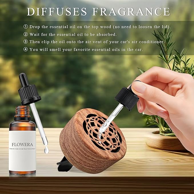 2 PCS Wood Car Essential Oil Diffuser, Wooden Aromatherapy Essential Oils Diffuser with Vent Clip, Wood Vent Clip Air Freshener for Vehicle Office Home Bedroom (Heart Flower)