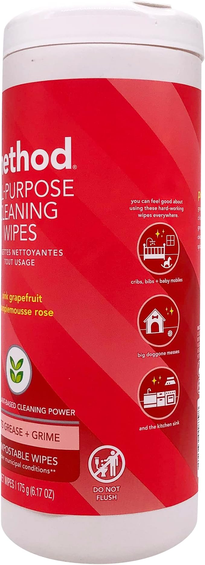 Method Pink Grapefruit All Purpose Cleaning Wipes, Multi-Surface, Compostable, 30 Count (Pack of 1)