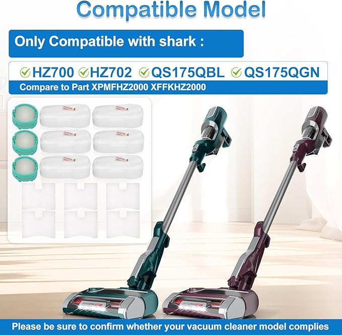 HZ702 Filter Replacement Compatible with Shark HZ700 HZ702 QS175QBL QS175QGN PowerFins HairPro Odor Vacuum, Part XPMFHZ2000 XFFKHZ2000, 3 Cartridges, 6 Foam & Felt Filters and 6 Post Motor Filters