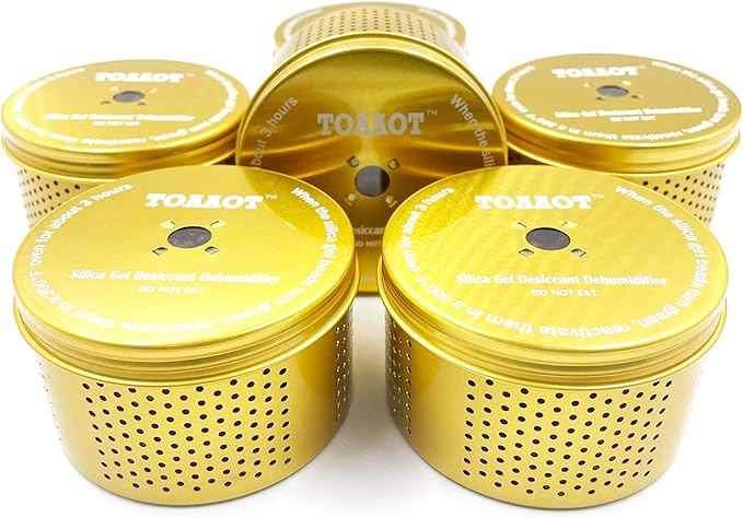 Gun Safe Dehumidifier 200g - Small Silica Gel Desiccant Canister, Moisture Absorber for Gun Cabinets & Safes, Protect 160 Cubic Feet, Gold, Aluminum Shell