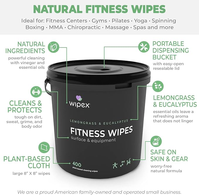 Wipex Gym Plant-Based Wipes, EWG Verified, Natural Surface & Equipment Cleaning with Lemongrass, Eucalyptus & Vinegar for Home or Fitness Studio, Yoga Mats, Peloton Bikes, 400 Count (Pack of 2)