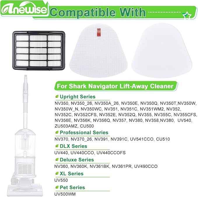 Replacement Filters for Shark Navigator Lift-Away XL CU510, CU512, CU500, CU520 Deluxe NV350, NV351, NV356E, NV360, NV352, NV355, NV358, ZU503AMZ, 4 + 2 Filter, Replace Parts #XHF350 & XFF350