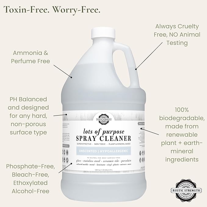 Rustic Strength Lots of Purpose Spray Cleaner, Unscented, Multi-Surface, pH Balanced, Non-Toxic, Biodegradable, 1 Gallon, Plastic