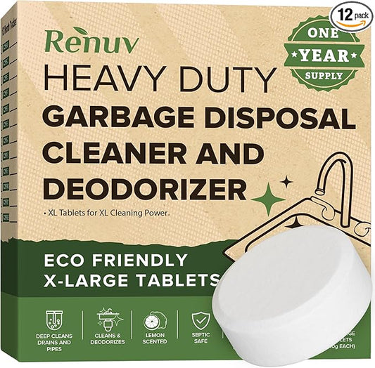 Renuv® Garbage Disposal Cleaner and Deodorizer Tablets Drain Freshener, Foaming Citrus Scent, Sink Odor Refresher for Kitchen Garbage Disposer Cleaning (12 XL Tablets - One Year Supply)