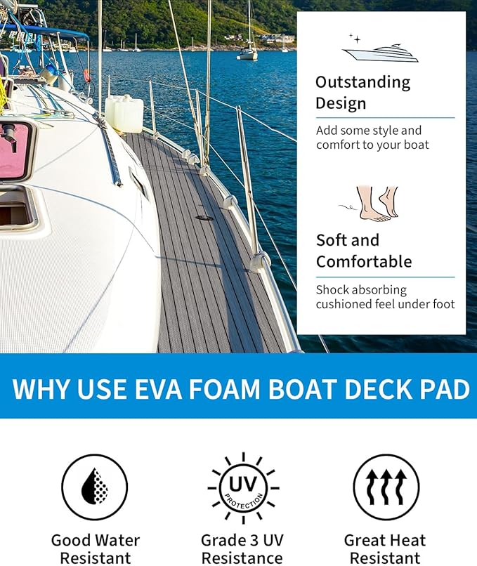 OCEANBROAD EVA Foam Boat Flooring with 3M Adhesive Backing Marine Self-Adhesive Decking 96''x45.6''/36''/28.8''/16.8'', 48''x16.8'' Faux Teak Sheet for Jon Boats Swim Platform Helm Pad RV Floor