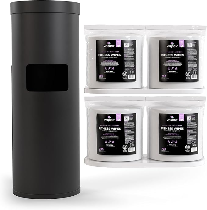 Wipex Gym Wipes Dispenser Refill Bundle - EWG Verified - 2800 Count Plant-Based 8x8" Gym Wipes for Equipment, Lavender Scent with Premium Black Stainless Steel Floor Dispenser
