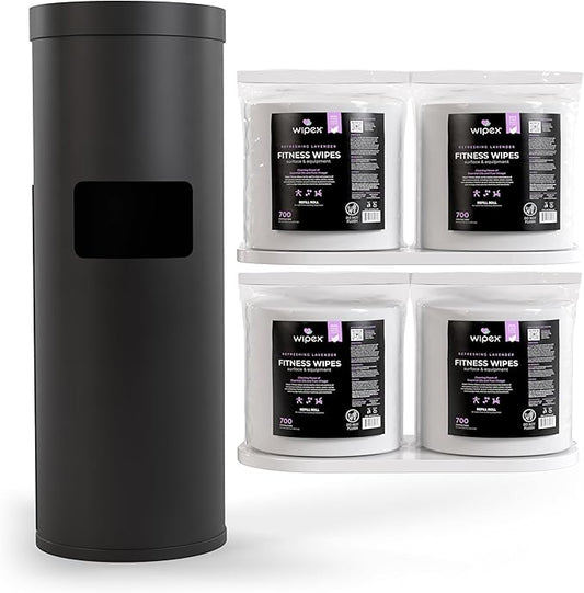 Wipex Gym Wipes Dispenser Refill Bundle - EWG Verified - 2800 Count Plant-Based 8x8" Gym Wipes for Equipment, Lavender Scent with Premium Black Stainless Steel Floor Dispenser