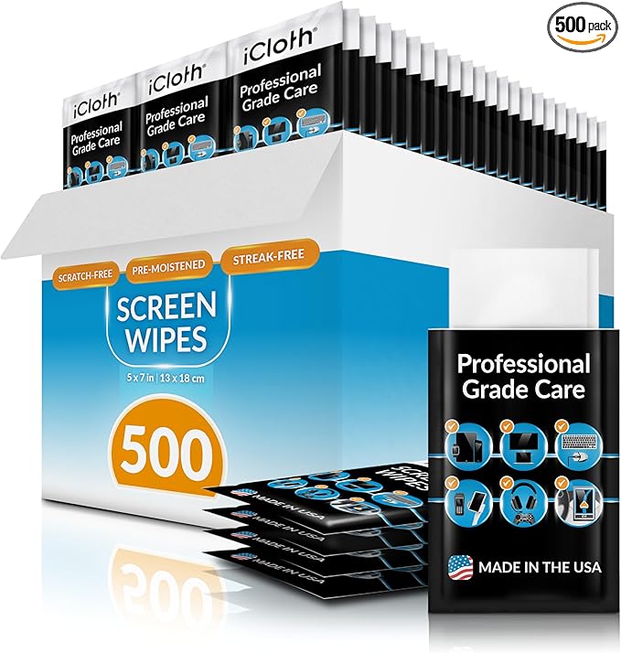 iCloth Large Screen Cleaning Wipes for Electronics, Lint-Free and Streak-Free, Fast-Drying, Removes Dust, Fingerprints, and Smudges (500 Wipes)
