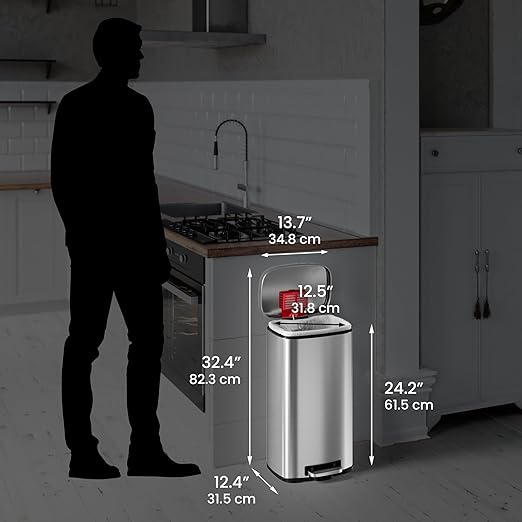 iTouchless SoftStep 8 Gallon Kitchen Step Trash Can with Odor Filter and Removable Inner Bucket, Stainless Steel 30 Liter Rectangular Pedal Garbage Bin for Home, Office, Silent and Gentle Lid Close