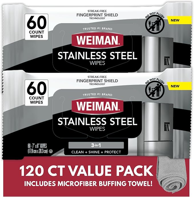 Weiman Stainless Steel Cleaner & Polish Kit, 2 Wipes & Cloth, Anti-Fingerprint, Removes Grease, Water Spots, Streaks & Residue, Polishing Cleaner Safe for Appliances, Chrome, Sinks & Grill Exteriors