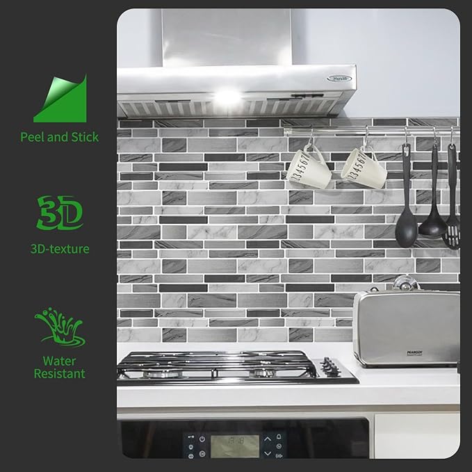 LONGKING Peel and Stick Backsplash Tile for Kitchen, Stick on Tile on Wall, Bathroom (Grey Marbling)
