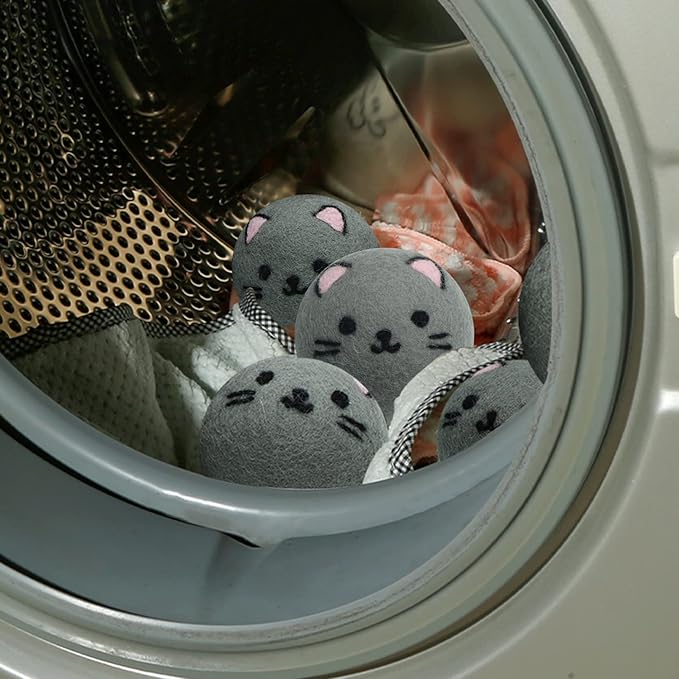 Dryer Balls Laundry Reusable - XL Wool Dryer Balls - Handmade Cute, Extra Large Dryer Balls, Shorten Drying Time, Organic Wool - Dry 1000+ Loads (Gray Cat)