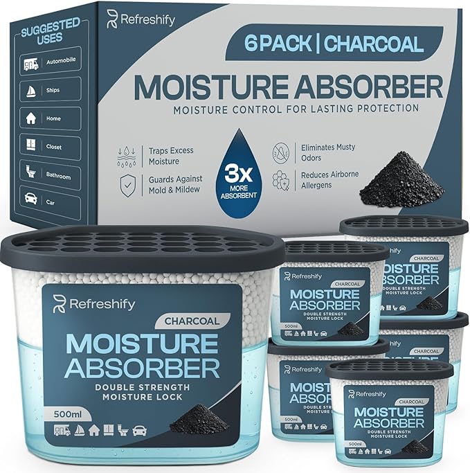 Premium Moisture Absorbers and Humidity Absorber – High-Efficiency Moisture Absorber for Closet Dehumidifier and Dehumidifier for Car – Effective Dehumidifier Tubs, 7.5 Oz for Odor Charcoal, 6 Pack