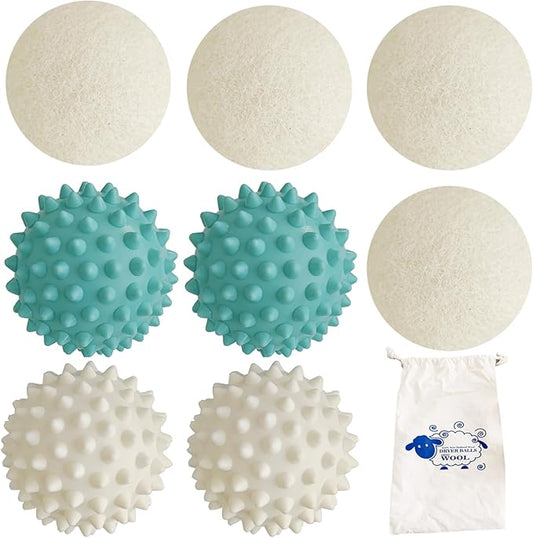 XL Wool Dryer Balls, 8PCS Natural Fabric Softener, Fluff Laundry Wrinkle Release and Saves Drying Time, Reusable (4PCS Plastic Balls and 4PCS Wool Dryer Balls)