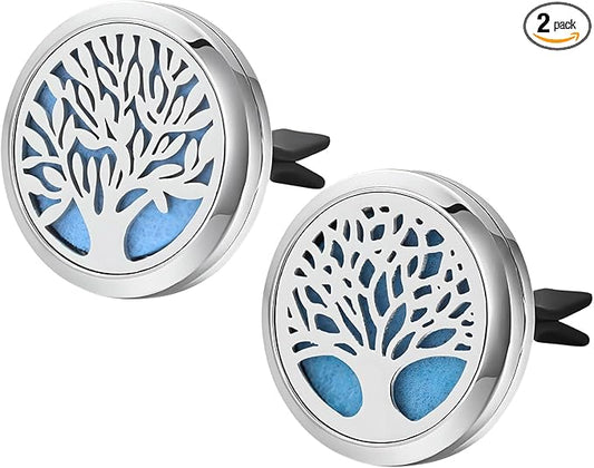 2PCS 30mm Car Diffuser Vent Clips, Tree of Life Aromatherapy Essential Oil Diffuser Locket with 12 Felt Pads, Stainless Steel Car Diffuser Locket Air Freshener (Style 3)
