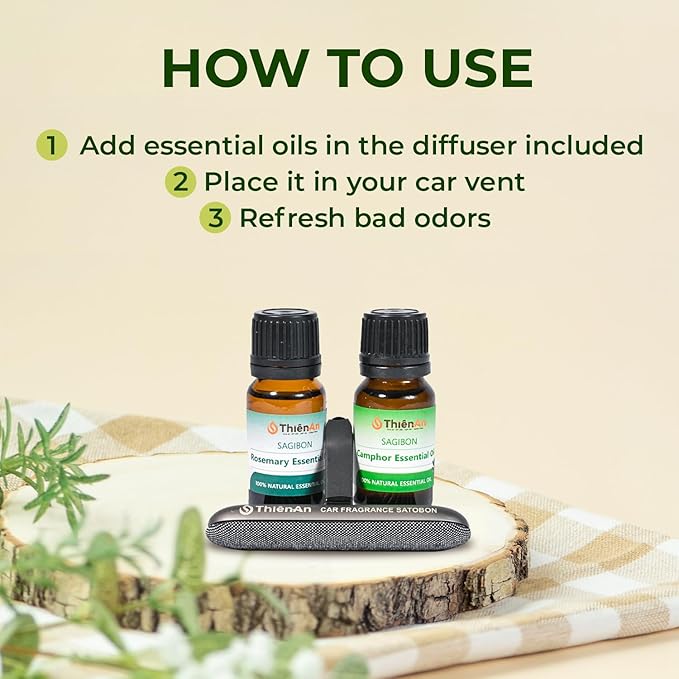 THIEN AN - Car Air Fresheners Set Rosemary and Eucalyptus Scents Natural Car Fragrance Satobon with Car Diffuser (10ml) Car Vent Clips, Refillable Car Air Fresheners