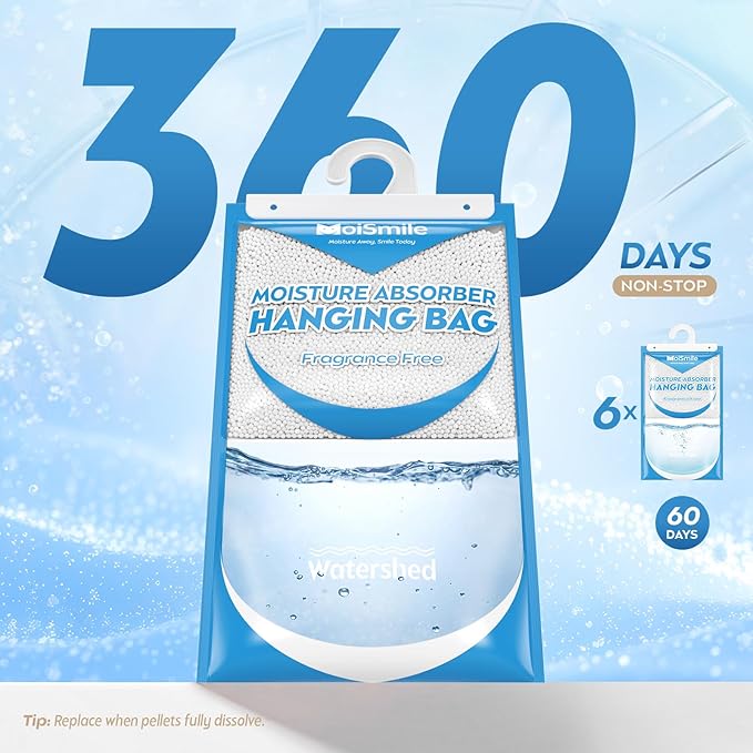 Hanging Moisture Absorbers 6 Pack Net Wt. 17.5oz/Pack, Fragrance Free Closet Dehumidifier Bags, Odor Eliminator & Humidity Absorber, Humidity Packs for Bathroom, Bedroom, Basement, Car, RV & Boat