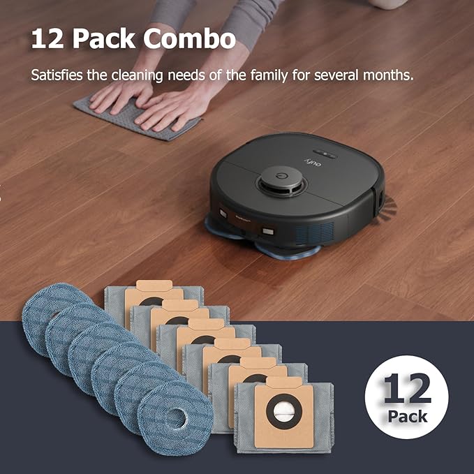 12 Pack Replacement Parts Dust Bags Mop Pads for eufy X10 Pro Omni Accessories Robot Vacuum Self-Empty Station,6 Dust Bags, 6 Mop Pads