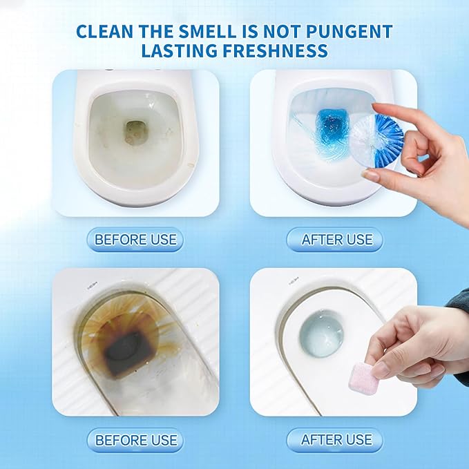 2-in-1 Toilet Cleaning Tablets (24 Pack) - 8 Effervescent Toilet Bowl Stain Remover and 16 Blue White Toilet Tank Cleaner Tablets - Limescale Removal for Septic System