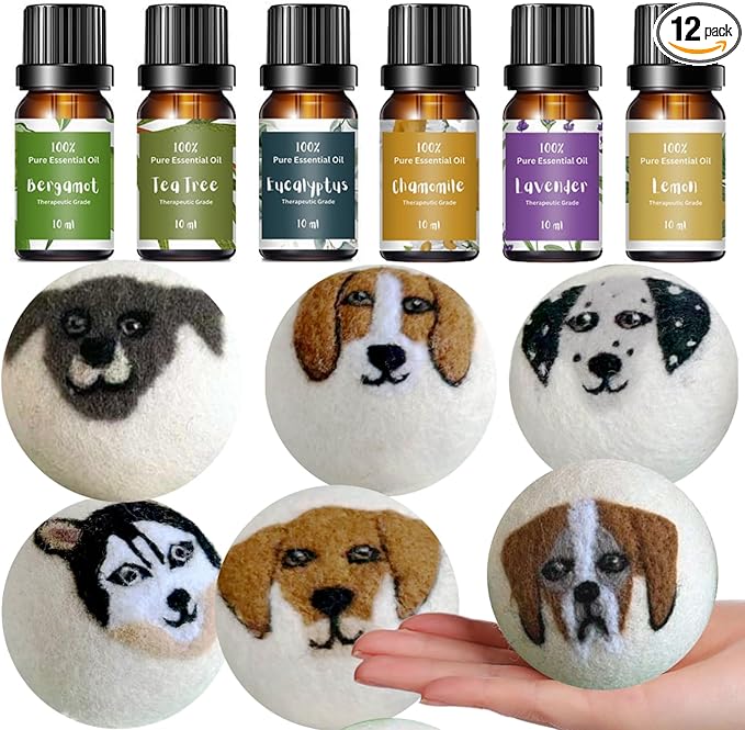 Essential Oils for Laundry + Puppy Wool Dryer Ball Set, 6 Dog Dryer Balls & Essential Oil Set Bundle, 6 Most Used Pure Therapeutic Grade Oil Set, and Organic Wool Dryer Ball Set