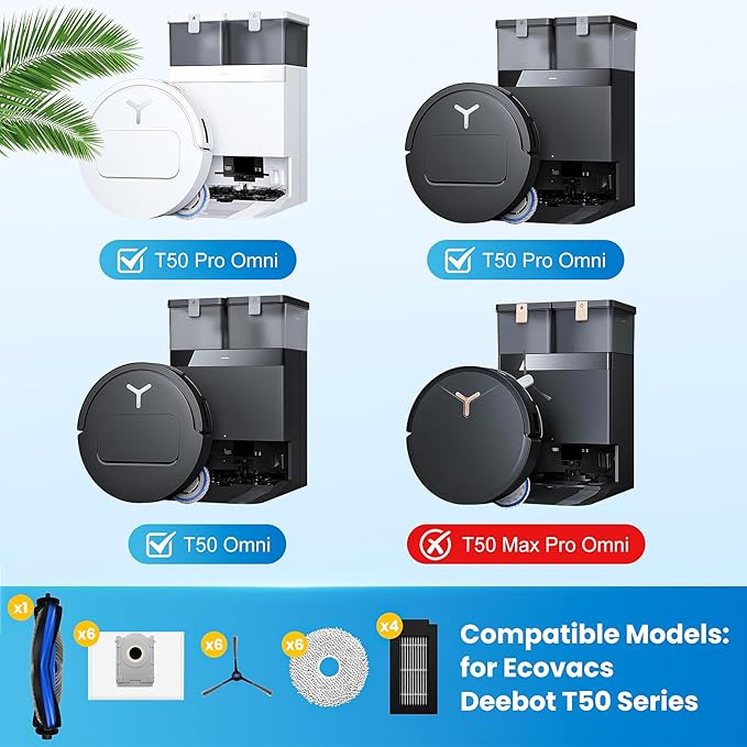 24 Pcs Replacement Parts for Ecovacs Deebot T50 Pro Omni / T50 Pro Omni Gen2 / T50 Omni Robot Vacuum, Include 1 Main Brush, 6 Dust Bags, 4 Filters, 6 Side Brushes, 6 Mop Pads and 1 Cleaning Tool