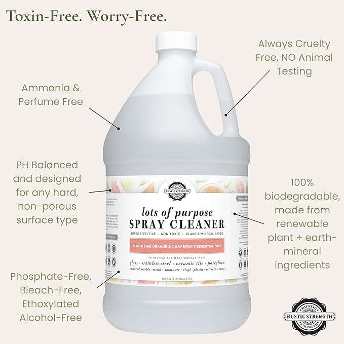 Rustic Strength Lots of Purpose Spray Cleaner, Lemon, Lime, Orange & Grapefruit, Multi-Surface, pH Balanced, Non-Toxic, Biodegradable, 1 Gallon, Plastic