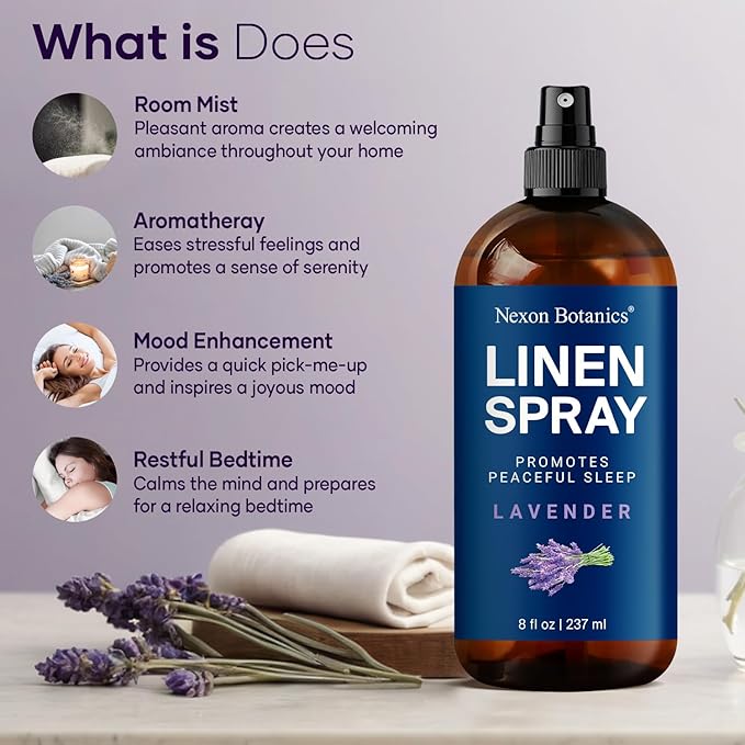 Lavender Linen Spray 8 fl oz - Refreshing Fabric Refresher & Pillow Spray for Bedding, Bed Sheets & Room - Soothing Room Mist - Nexon Botanics