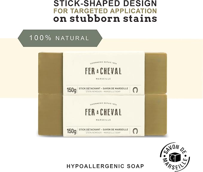 Fer à Cheval Marseille Soap Stain Remover Stick 2 Pack - Natural, Hypoallergenic, Travel-Sized Laundry Solution, 150 g/5.29 oz (Stick)