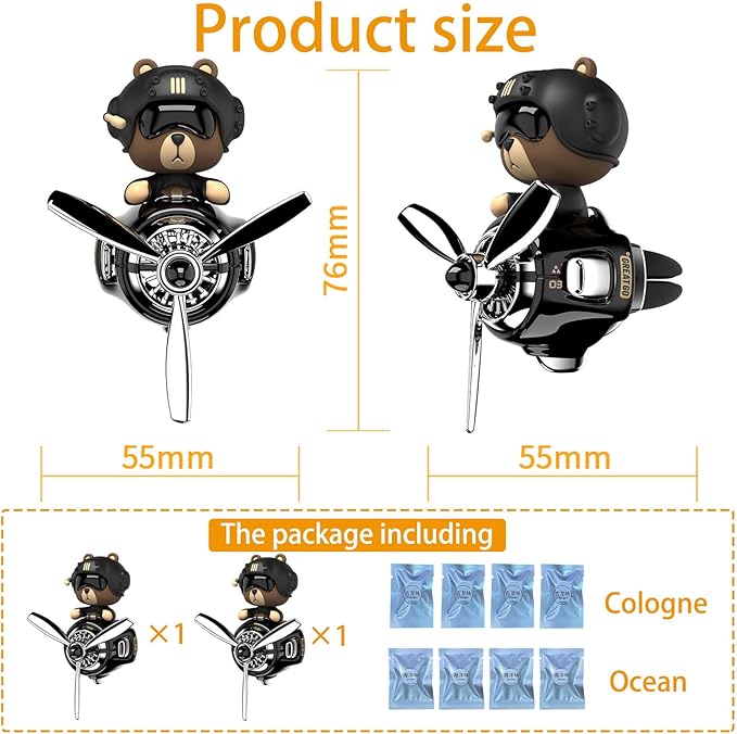 2Pcs Car Air Fresheners, Cute Bear Pilot Automotive Air Outlet Creative Car Perfume Diffuser, Automotive Accessories Air Vent Decoration with 8 Fragrant Tablets (Black 1+Black 1)