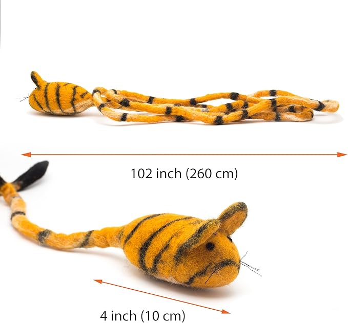 Glaciart One Felt Mouse Cat Toy – Soft Fuzzy Enrichment 100% Natural Wool - Interactive Catnip Play Cat Toy Set - Safe for Pets, Non-AZO Colored Dyes - 100” Long
