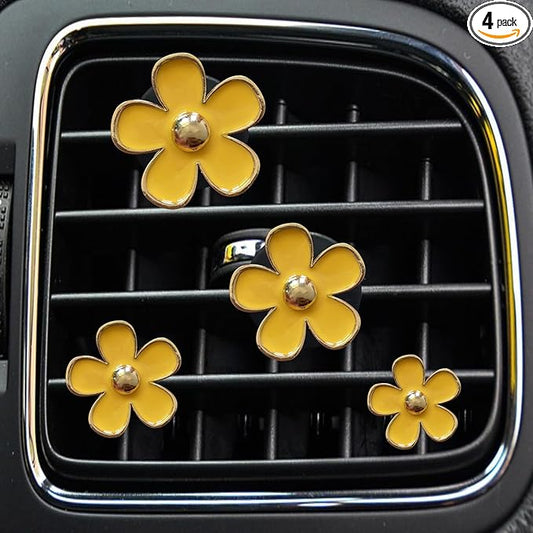 Daisy Air Vent Clips, 4 Pcs Cute Flower Car Air Conditioning Outlet Clip Car Air Freshener Clip Charm Car Inter Decor Accessories for Women (Yellow)