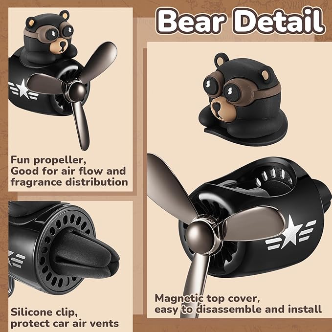 Cartoon Bear Car Air Fresheners 2 Pack Pilot Black Automotive Air Outlet Fan Cool Cute Air Freshener for Car Creative Car Perfume Decoration for Vehicle Vent Scent Clip Diffuser Ornament Accessories