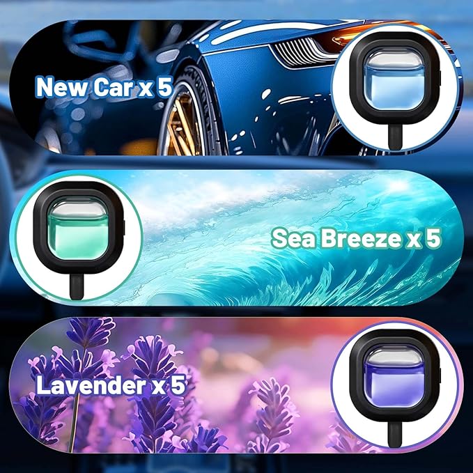 STRN Car Air Freshener, 12 Refills + 3 Square Vent Clips, 5 New Car & 5 Sea Breeze & 5 Lavender Scents, Long Lasting Air Fresheners Car Accessories Fragrance, Each Up to 20-30 Days