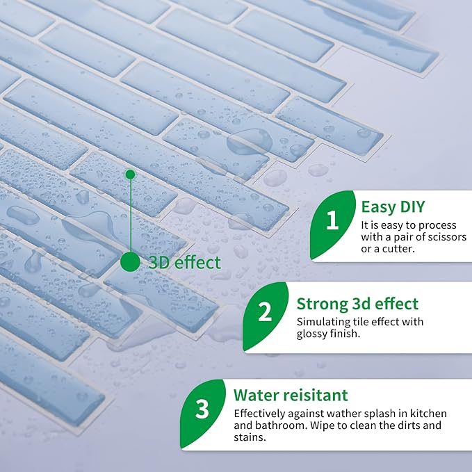 LONGKING 10-Sheet Self-Adhesive Peel and Stick Backsplash for Kitchen, Vinyl Decorative Tiles (Blue)