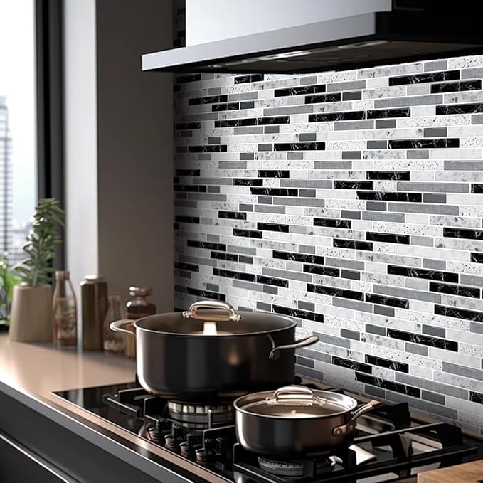 LONGKING 10-Sheet Self-Adhesive Peel and Stick Backsplash for Kitchen, Vinyl Decorative Tiles (Gray)