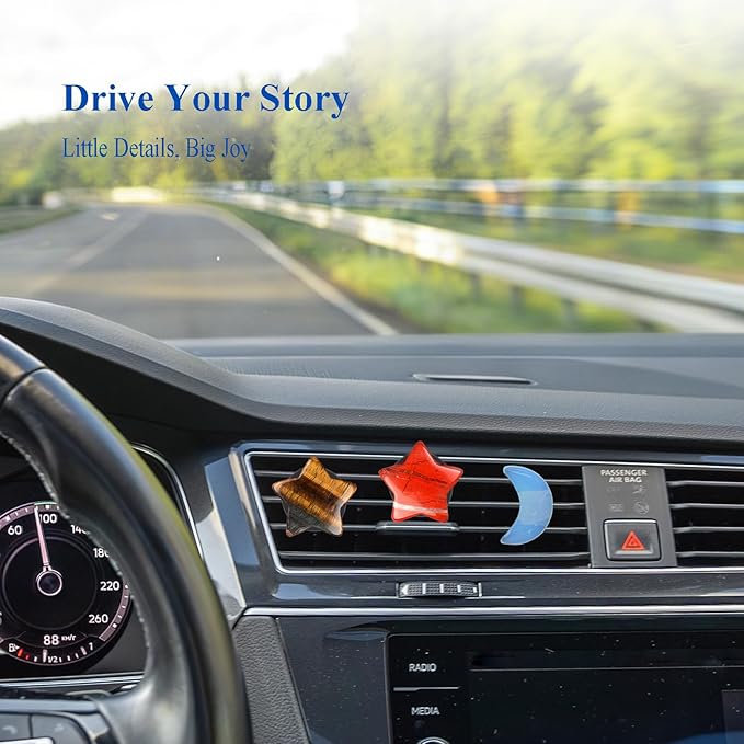 Moon Stars Car Decor,Boho Air Vent Clips,Refillable Car Fresheners,3pcs Natural Crystal Stone Hippie Dashboard Decorations Accessories,Best Wishes for Lover and Friend (Red & Tiger Eye)