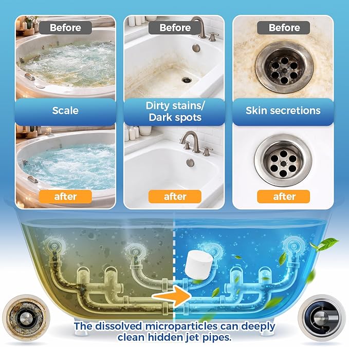 Jetted Tub Cleaner Bathtub Tabs, 12 Heavy Duty Jetted Tub Cleaner，Compatible with Jets, Tubes, Whirlpool & Spa Bath System，No Harsh Chemicals, Professional Septic Safe Solution