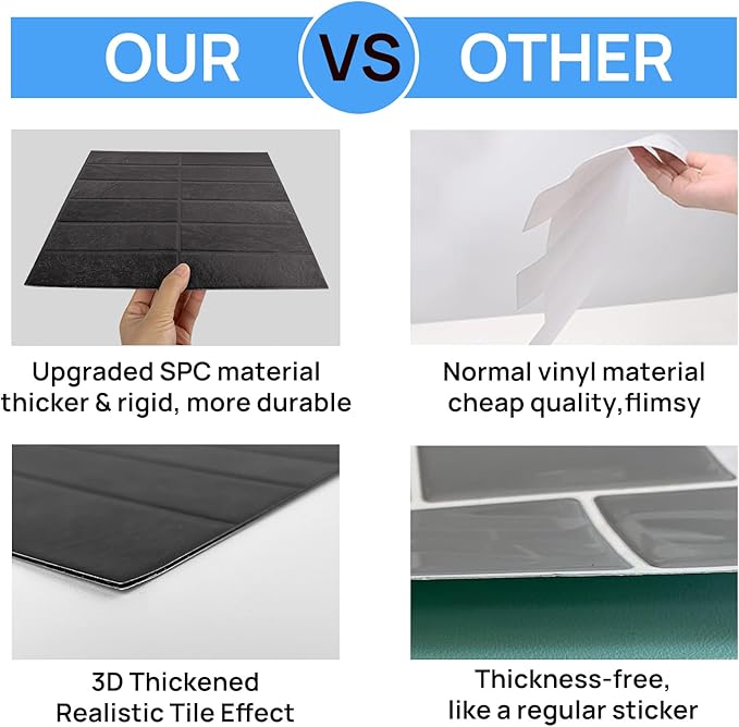 Peel and Stick Tile，New Upgrade Thicker Design Self Adhesive 12" x 12" Large Premium Peel and Stick Backsplash for Kitchen (Ash Black)