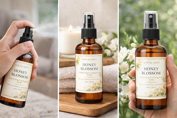 Aura & Amity Premium Room & Linen Spray – Handmade Luxury Fabric & Home Fragrance Mist, Long-Lasting, Made in USA (Honey Blossom)