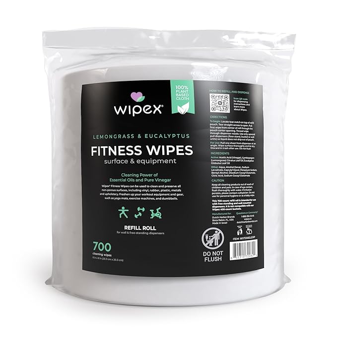Wipex Plant Based Gym Wipes Dispenser Refill - EWG Verified - 1400 Count 8"x8" Fitness Equipment Wipes with Cleaning Vinegar, Lemongrass & Eucalyptus, Quality Gym Wipes for Equipment & Surfaces