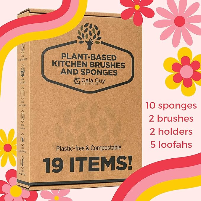 (NO Plastic) Dish Washing Brushes and Sponges, 2 Wood Brushes + 10 Natural Sponges + 5 Loofahs+ 2 Wood Brush Holders, Plastic Free Kitchen Cleaning Brushes (Zero Waste Kit)